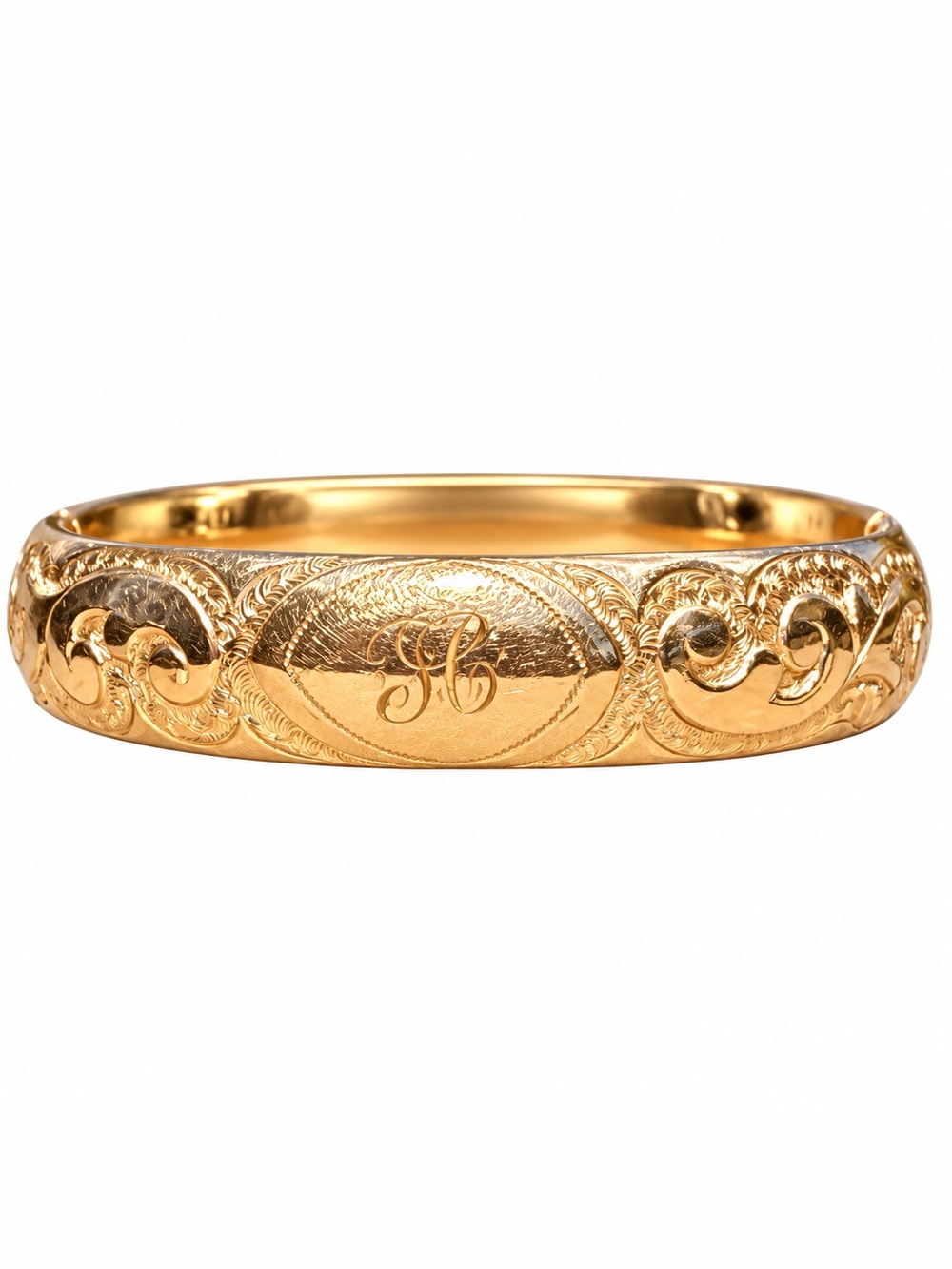 Antique Bates & B Gold Filled H Engraved Floral Hinged Bangle Bracelet 1900s